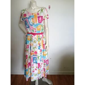 Vintage Gerard Pasquier Watercolor Belted Dress 42 Large Circle Skirt Pink Blue